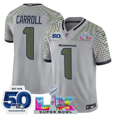 Men's Seattle Seahawks "Super Bowl LX & 50th Patch" Vapor Limited Stitched Jersey - Wolf Gray / Pete Carroll