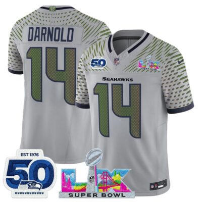 Men's Seattle Seahawks "Super Bowl LX & 50th Patch" Vapor Limited Stitched Jersey - Wolf Gray / Sam Darnold