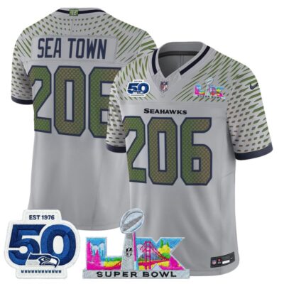 Men's Seattle Seahawks "Super Bowl LX & 50th Patch" Vapor Limited Stitched Jersey - Wolf Gray / Sea Town 206