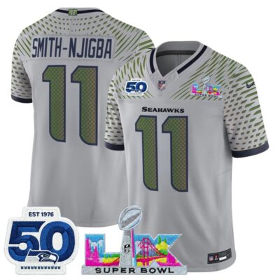 Men's Seattle Seahawks "Super Bowl LX & 50th Patch" Vapor Limited Stitched Jersey - Wolf Gray / Smith-Njigba