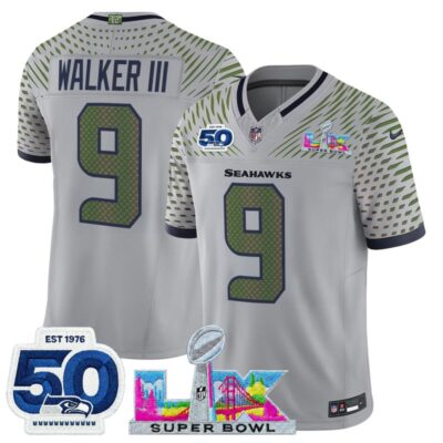 Men's Seattle Seahawks "Super Bowl LX & 50th Patch" Vapor Limited Stitched Jersey - Wolf Gray / Walker III