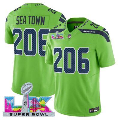 Men's Seattle Seahawks Super Bowl LX Vapor Limited Stitched Jersey - Green / Sea Town 206