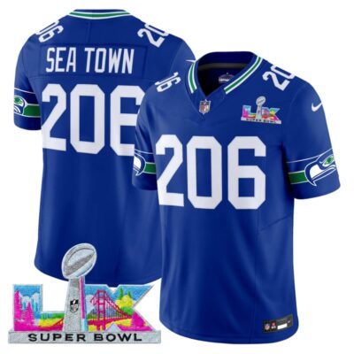 Men's Seattle Seahawks Super Bowl LX Vapor Limited Stitched Jersey - Royal / Sea Town 206