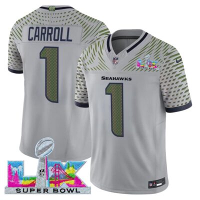 Men's Seattle Seahawks Super Bowl LX Vapor Limited Stitched Jersey - Wolf Gray / Pete Carroll