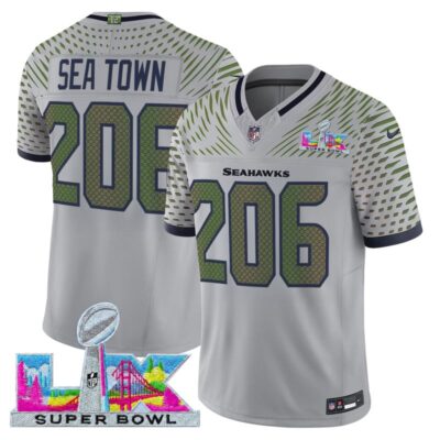 Men's Seattle Seahawks Super Bowl LX Vapor Limited Stitched Jersey - Wolf Gray / Sea Town 206