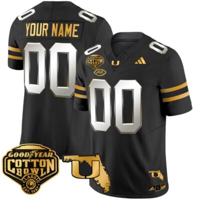 Miami Hurricanes 2025/26 Cotton Bowl & Florida Patch Gold Vapor Limited Custom Stitched Jersey - Black Limited