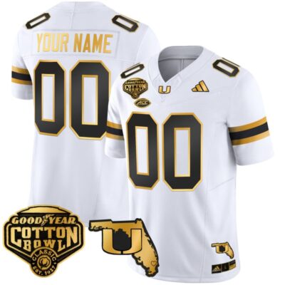 Miami Hurricanes 2025/26 Cotton Bowl & Florida Patch Gold Vapor Limited Custom Stitched Jersey - White Gold