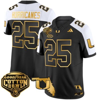 Miami Hurricanes 2025/26 Cotton Bowl & Florida Patch Gold Vapor Limited Stitched Jersey - Alternate / #25 Hurricanes