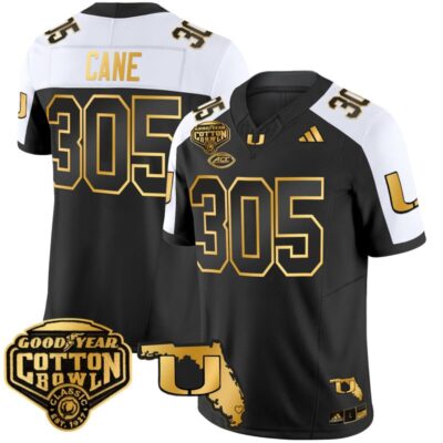Miami Hurricanes 2025/26 Cotton Bowl & Florida Patch Gold Vapor Limited Stitched Jersey - Alternate / Cane 305