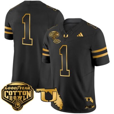 Miami Hurricanes 2025/26 Cotton Bowl & Florida Patch Gold Vapor Limited Stitched Jersey - Black Gold / #1 Team