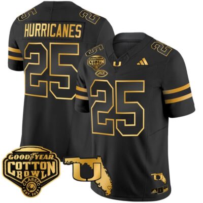 Miami Hurricanes 2025/26 Cotton Bowl & Florida Patch Gold Vapor Limited Stitched Jersey - Black Gold / #25 Hurricanes