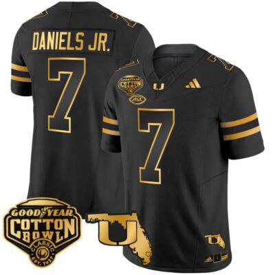 Miami Hurricanes 2025/26 Cotton Bowl & Florida Patch Gold Vapor Limited Stitched Jersey - Black Gold / CJ Daniels