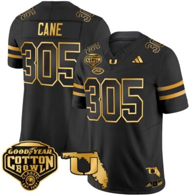 Miami Hurricanes 2025/26 Cotton Bowl & Florida Patch Gold Vapor Limited Stitched Jersey - Black Gold / Cane 305