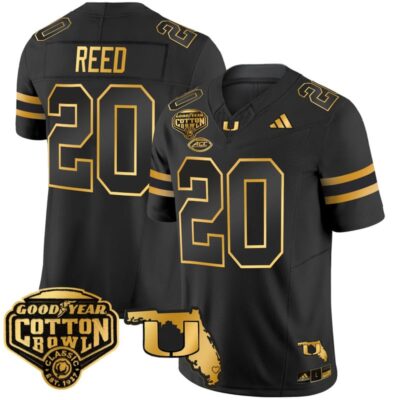 Miami Hurricanes 2025/26 Cotton Bowl & Florida Patch Gold Vapor Limited Stitched Jersey - Black Gold / Ed Reed