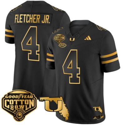 Miami Hurricanes 2025/26 Cotton Bowl & Florida Patch Gold Vapor Limited Stitched Jersey - Black Gold / Mark Fletcher Jr.
