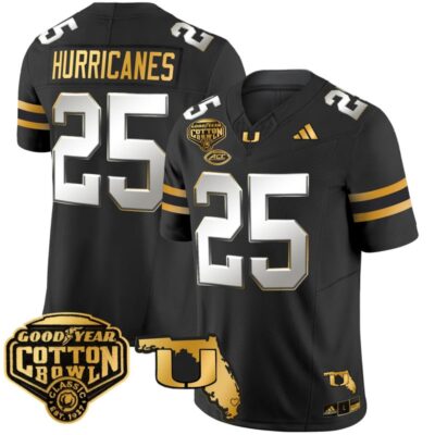 Miami Hurricanes 2025/26 Cotton Bowl & Florida Patch Gold Vapor Limited Stitched Jersey - Black Limited / #25 Hurricanes