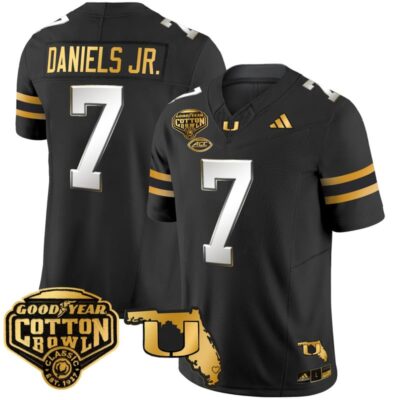 Miami Hurricanes 2025/26 Cotton Bowl & Florida Patch Gold Vapor Limited Stitched Jersey - Black Limited / CJ Daniels