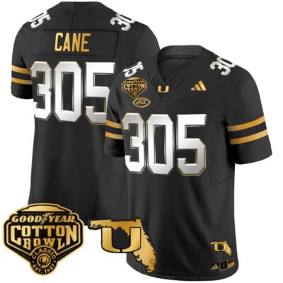 Miami Hurricanes 2025/26 Cotton Bowl & Florida Patch Gold Vapor Limited Stitched Jersey - Black Limited / Cane 305