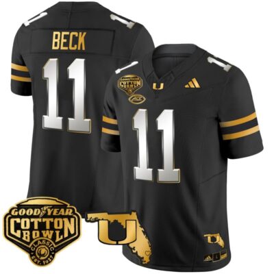 Miami Hurricanes 2025/26 Cotton Bowl & Florida Patch Gold Vapor Limited Stitched Jersey - Black Limited / Carson Beck