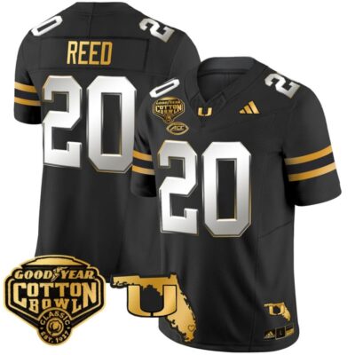 Miami Hurricanes 2025/26 Cotton Bowl & Florida Patch Gold Vapor Limited Stitched Jersey - Black Limited / Ed Reed
