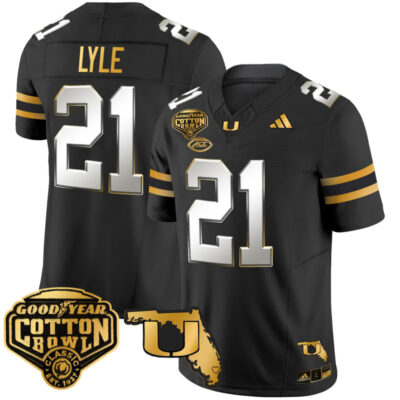 Miami Hurricanes 2025/26 Cotton Bowl & Florida Patch Gold Vapor Limited Stitched Jersey - Black Limited / Jordan Lyle