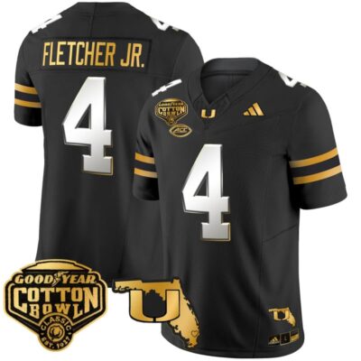 Miami Hurricanes 2025/26 Cotton Bowl & Florida Patch Gold Vapor Limited Stitched Jersey - Black Limited / Mark Fletcher Jr.