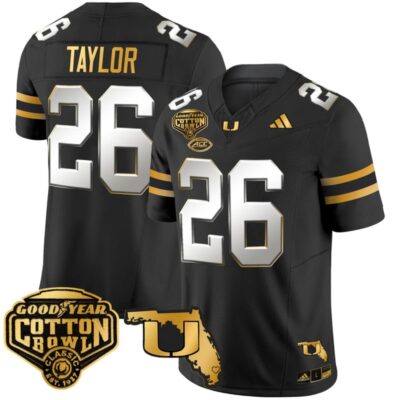 Miami Hurricanes 2025/26 Cotton Bowl & Florida Patch Gold Vapor Limited Stitched Jersey - Black Limited / Sean Taylor