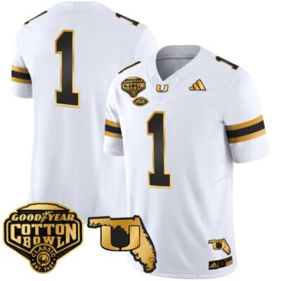 Miami Hurricanes 2025/26 Cotton Bowl & Florida Patch Gold Vapor Limited Stitched Jersey - White Gold / #1 Team