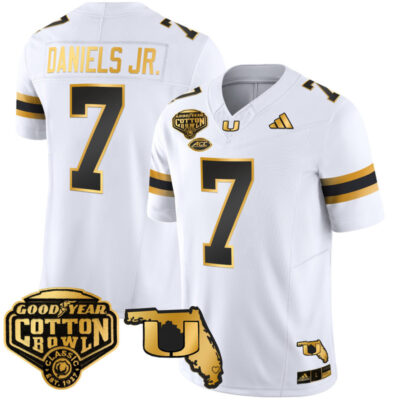 Miami Hurricanes 2025/26 Cotton Bowl & Florida Patch Gold Vapor Limited Stitched Jersey - White Gold / CJ Daniels