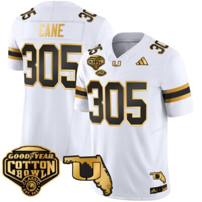 Miami Hurricanes 2025/26 Cotton Bowl & Florida Patch Gold Vapor Limited Stitched Jersey - White Gold / Cane 305