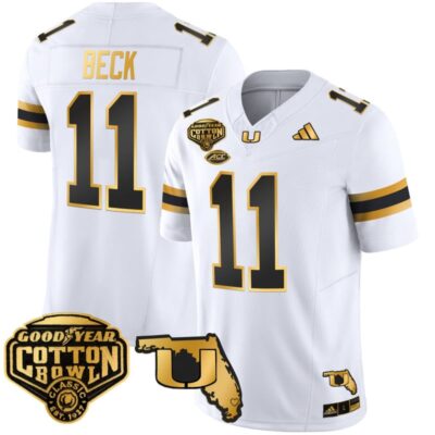 Miami Hurricanes 2025/26 Cotton Bowl & Florida Patch Gold Vapor Limited Stitched Jersey - White Gold / Carson Beck