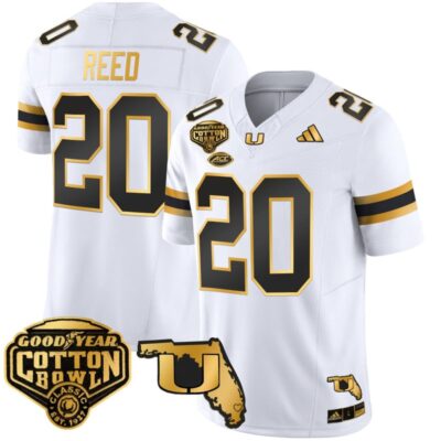 Miami Hurricanes 2025/26 Cotton Bowl & Florida Patch Gold Vapor Limited Stitched Jersey - White Gold / Ed Reed