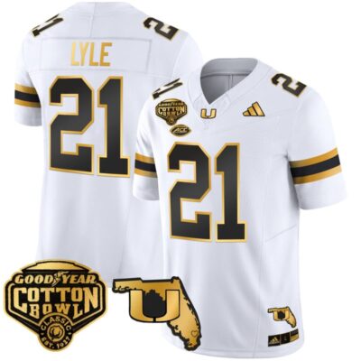 Miami Hurricanes 2025/26 Cotton Bowl & Florida Patch Gold Vapor Limited Stitched Jersey - White Gold / Jordan Lyle