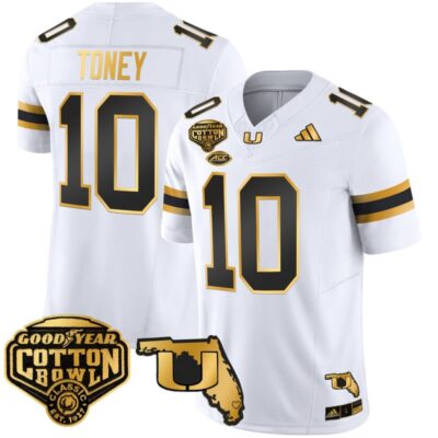 Miami Hurricanes 2025/26 Cotton Bowl & Florida Patch Gold Vapor Limited Stitched Jersey - White Gold / Malachi Toney