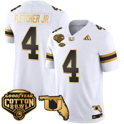 Miami Hurricanes 2025/26 Cotton Bowl & Florida Patch Gold Vapor Limited Stitched Jersey - White Gold / Mark Fletcher Jr.