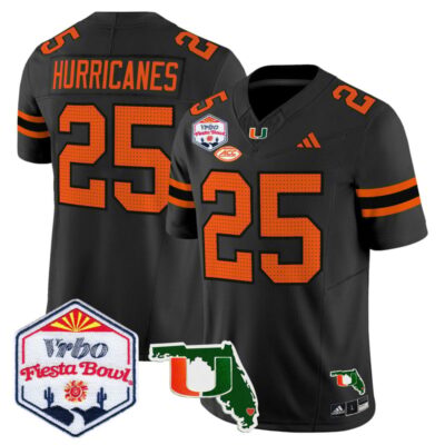 Miami Hurricanes 2026 The Fiesta Bowl & Florida Patch Vapor Limited Stitched Jersey - Black / #25 Hurricanes