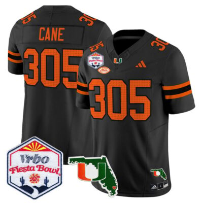 Miami Hurricanes 2026 The Fiesta Bowl & Florida Patch Vapor Limited Stitched Jersey - Black / Cane 305