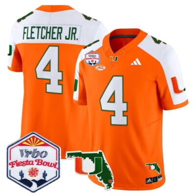 Miami Hurricanes 2026 The Fiesta Bowl & Florida Patch Vapor Limited Stitched Jersey - Orange Alternate / Mark Fletcher Jr.