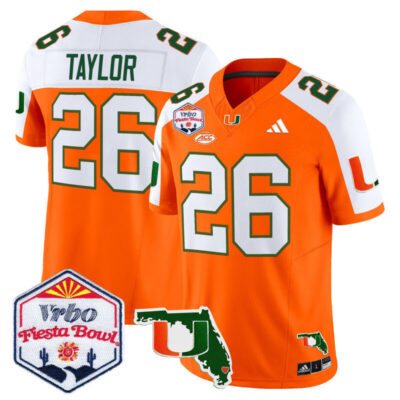 Miami Hurricanes 2026 The Fiesta Bowl & Florida Patch Vapor Limited Stitched Jersey - Orange Alternate / Sean Taylor