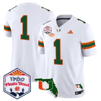 Miami Hurricanes 2026 The Fiesta Bowl & Florida Patch Vapor Limited Stitched Jersey - White / #1 Team