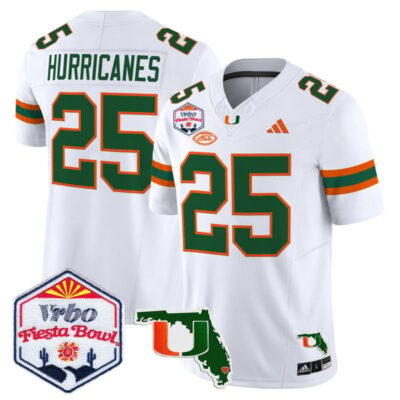 Miami Hurricanes 2026 The Fiesta Bowl & Florida Patch Vapor Limited Stitched Jersey - White / #25 Hurricanes