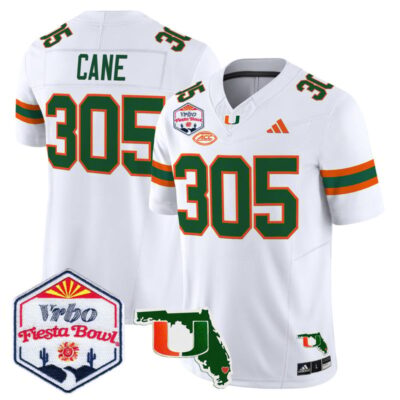 Miami Hurricanes 2026 The Fiesta Bowl & Florida Patch Vapor Limited Stitched Jersey - White / Cane 305
