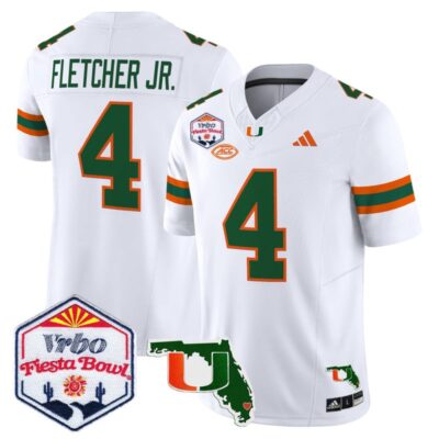 Miami Hurricanes 2026 The Fiesta Bowl & Florida Patch Vapor Limited Stitched Jersey - White / Mark Fletcher Jr.