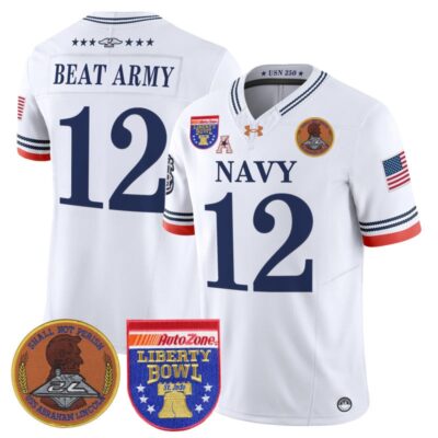 Navy Midshipmen 250th Anniversary Vapor Limited Jersey - 2026 Liberty Bowl Patch - Stitched - White / #12 Beat Army