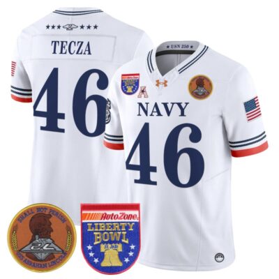 Navy Midshipmen 250th Anniversary Vapor Limited Jersey - 2026 Liberty Bowl Patch - Stitched - White / Alex Tecza