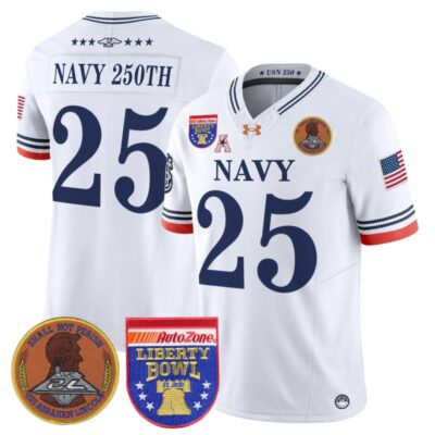 Navy Midshipmen 250th Anniversary Vapor Limited Jersey - 2026 Liberty Bowl Patch - Stitched - White / Navy 250th