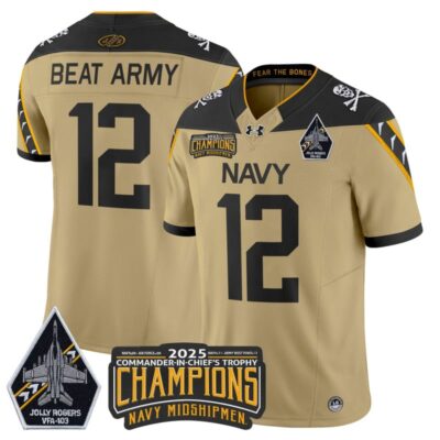 Navy Midshipmen Jolly Rogers 2025 Commander-In-Chief's Trophy Champions Vapor Limited Stitched Jersey - Gold / #12 Beat Army