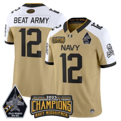 Navy Midshipmen Jolly Rogers 2025 Commander-In-Chief's Trophy Champions Vapor Limited Stitched Jersey - Gold Alternate / #12 Beat Army