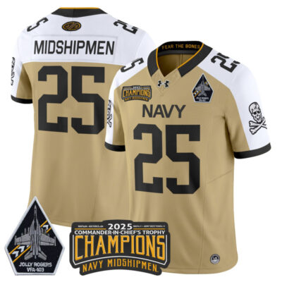 Navy Midshipmen Jolly Rogers 2025 Commander-In-Chief's Trophy Champions Vapor Limited Stitched Jersey - Gold Alternate / #25 Midshipmen