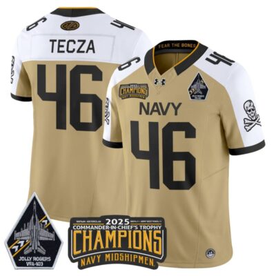 Navy Midshipmen Jolly Rogers 2025 Commander-In-Chief's Trophy Champions Vapor Limited Stitched Jersey - Gold Alternate / Alex Tecza